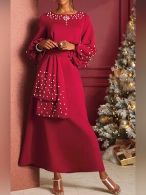 Ashro Red/Burgundy Pearl-Accent Long Sleeve Gown - NEW Size 12